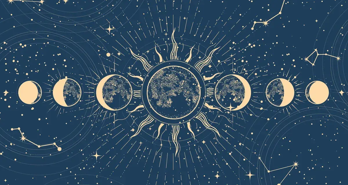Cykl faz księżyca i słońce na tle nocnego nieba z gwiazdami i konstelacjami. Symbolizuje nowy rok astrologiczny i kosmiczne przemiany.