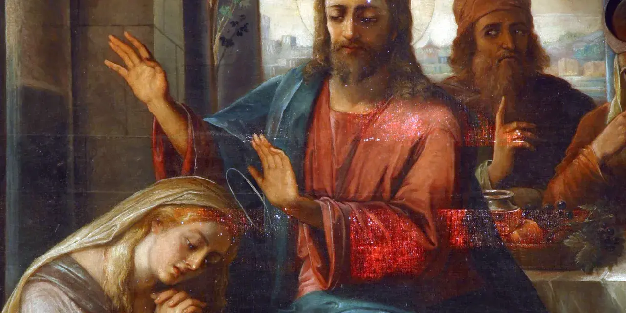 Jezus błogosławi Marię Magdalenę, która klęczy u jego stóp. W tle widać innych mężczyzn.