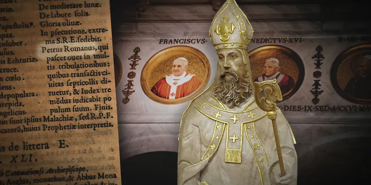 Starożytny tekst, w tym proroctwo Malachiasza, obok posągu papieża i portretów Franciszka, Benedykta XVI i Jana Pawła II.