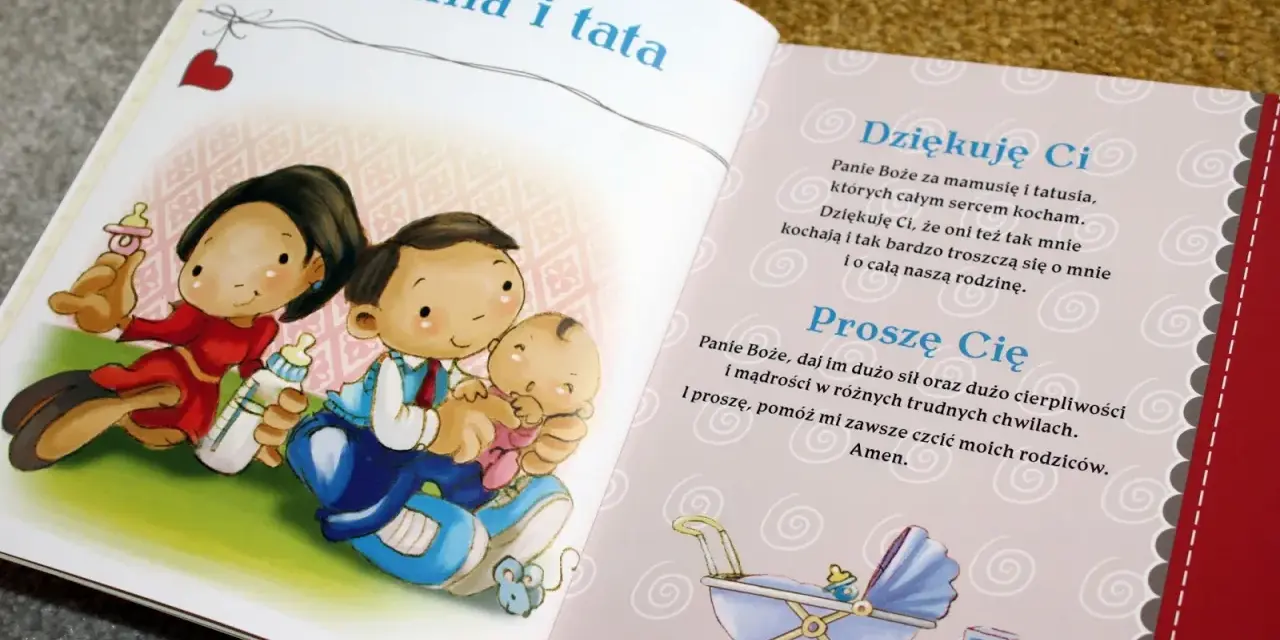 Ilustracja przedstawia rodzinę: mamę, tatę i dziecko. To piękny obrazek do modlitwy rodziców za dzieci.