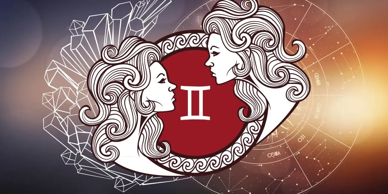 Dwie twarze Bliźniąt patrzą na siebie, symbolizując ich związek. W tle koło zodiaku i kryształy.
