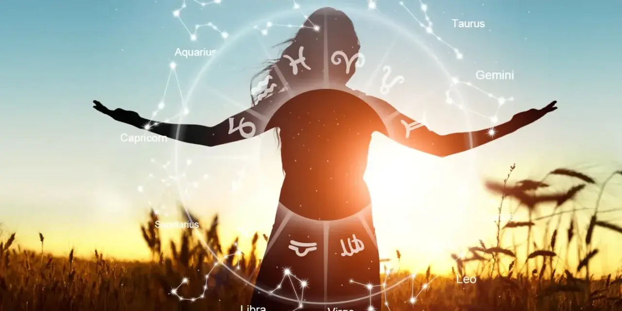 Sylwetka kobiety na tle zachodzącego słońca, otoczona kołem zodiaku. Każdy znak zodiaku, jak 20.06 znak zodiaku, jest widoczny.