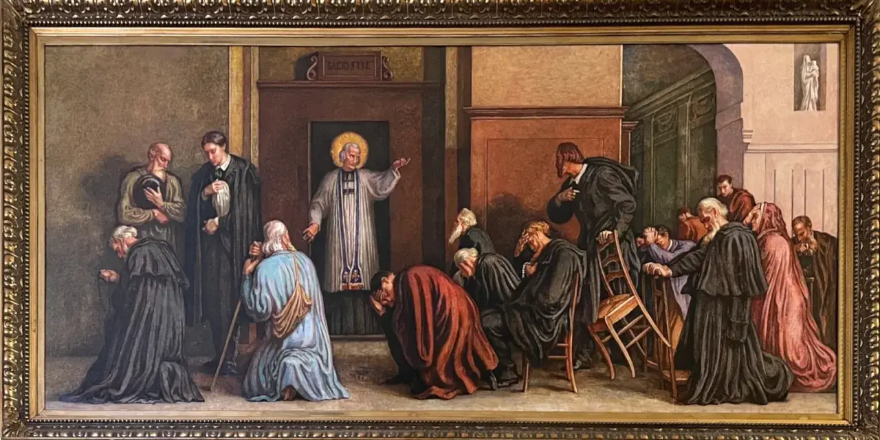 Obraz przedstawia św. Jana Marię Vianneya w otoczeniu wiernych. Ciekawe są jego gesty i skupienie ludzi.