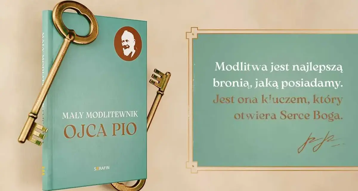 Książka "Mały modlitewnik Ojca Pio" z kluczami, symbolizującymi otwarcie Serca Boga. Dzień 3 nowenny do miłosierdzia Bożego.
