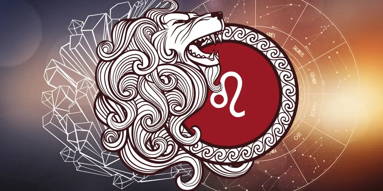 Stylizowany lew, symbol znaku zodiaku Lew, z jego datą urodzenia. W tle koło zodiaku i kryształy.