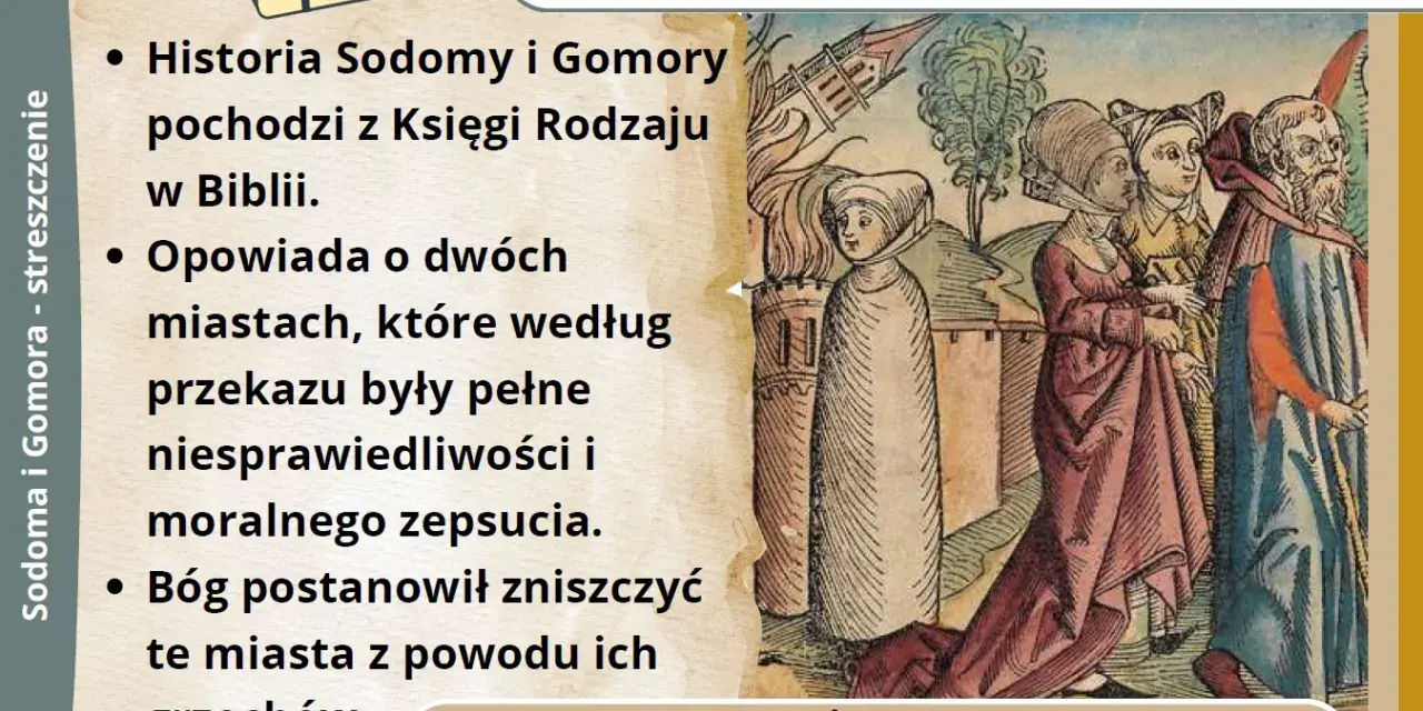 Historia Sodomy i Gomory, streszczenie z Biblii, opowiada o zniszczeniu grzesznych miast. Ilustracja przedstawia biblijną scenę.