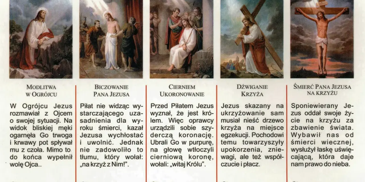 Obraz przedstawia pięć scen z Męki Pańskiej, w tym biczowanie, cierniem ukoronowanie, dźwiganie krzyża i śmierć Jezusa.