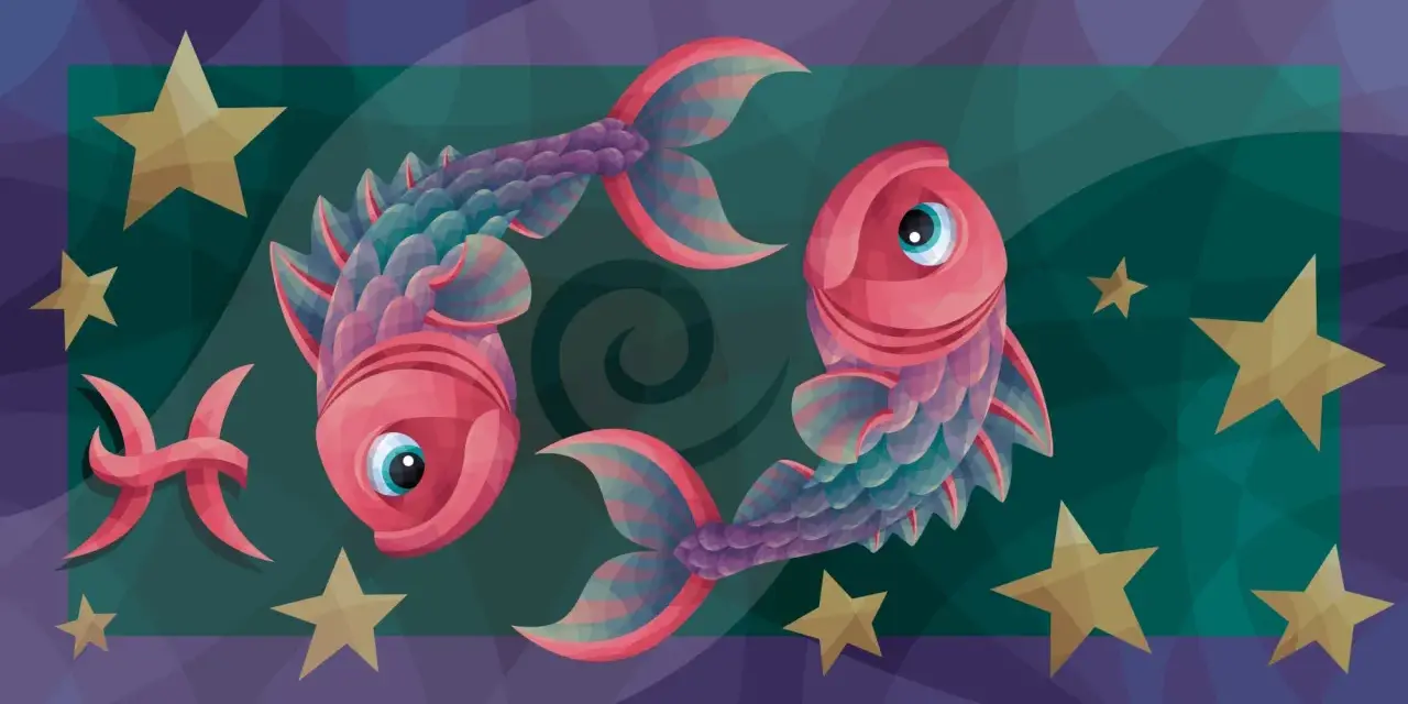 Dwie różowe ryby, symbol zodiaku Ryby, tworzą idealny partner dla ryby. Gwiazdy i symbol Ryb dopełniają kosmiczną scenę.