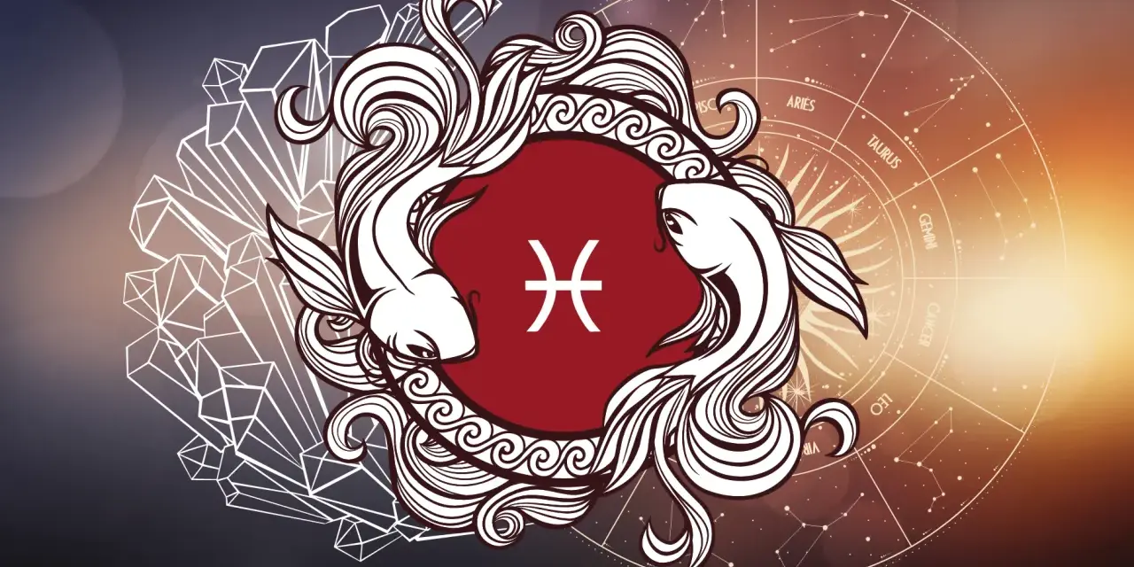 Dwa stylizowane ryby otaczają symbol Ryb, na tle koła zodiaku i kryształów.