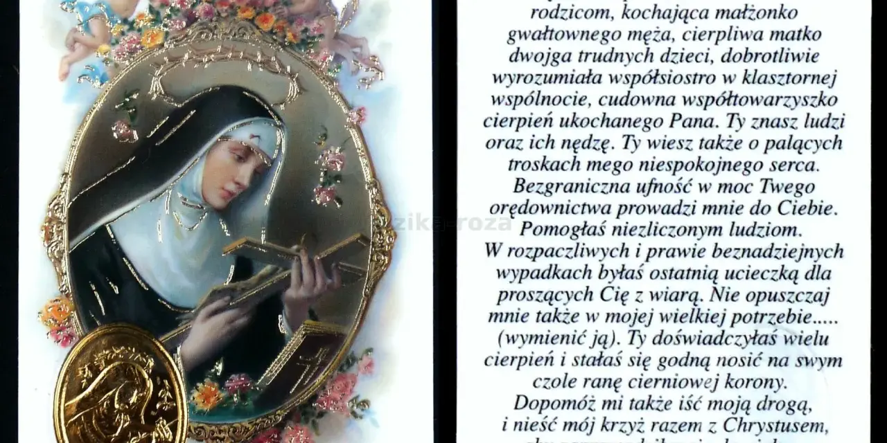 Święta Rita, patronka trudnych spraw, w otoczeniu aniołków i kwiatów, trzyma krzyż. Modlitwa do św. Rity.