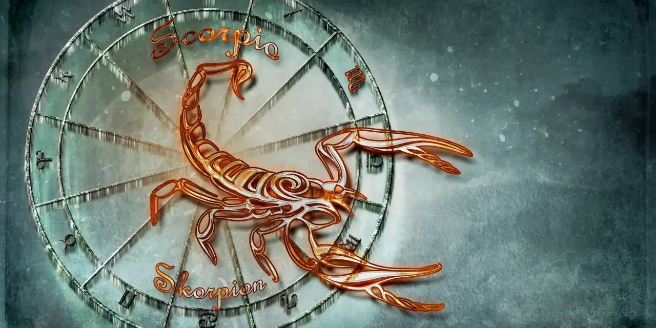 Skorpion i Waga: symboliczna przyjaźń między znakami zodiaku. Skorpion na tle koła zodiaku.