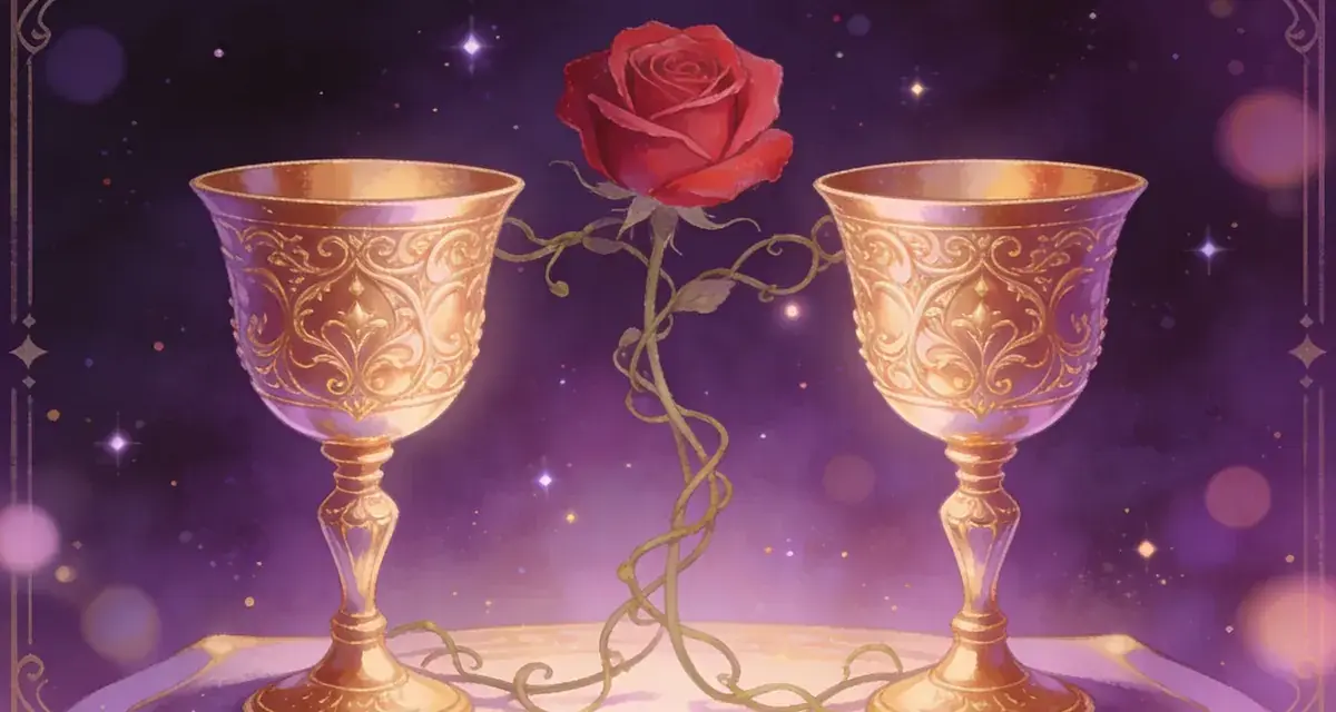 Dwa złote kielichy, połączone pnączem z czerwoną różą, symbolizują pełnię uczuć i harmonię. To obraz 10 pucharów tarot.
