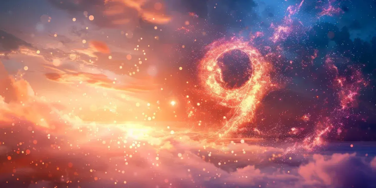 Jasny, świetlisty numer 9 w chmurach, symbolizujący 9 rok numerologiczny.