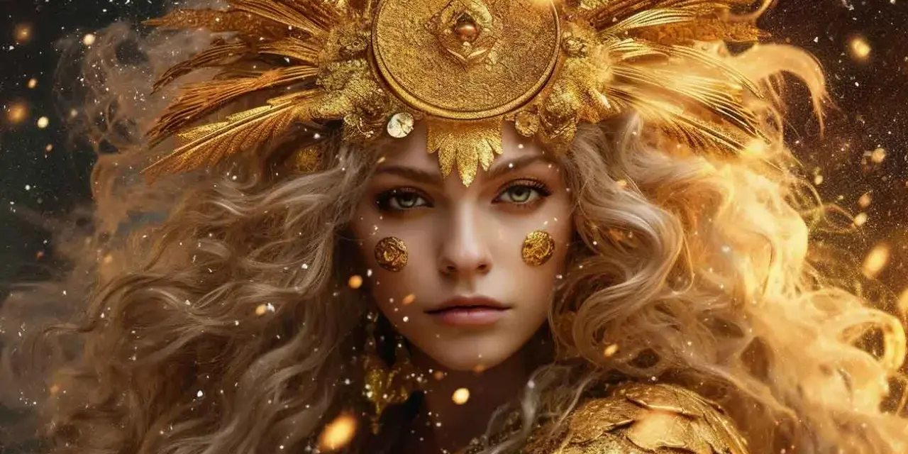 Złota bogini, symbol 22.08 znaku zodiaku, emanuje blaskiem i tajemnicą, otoczona gwiezdnym pyłem.