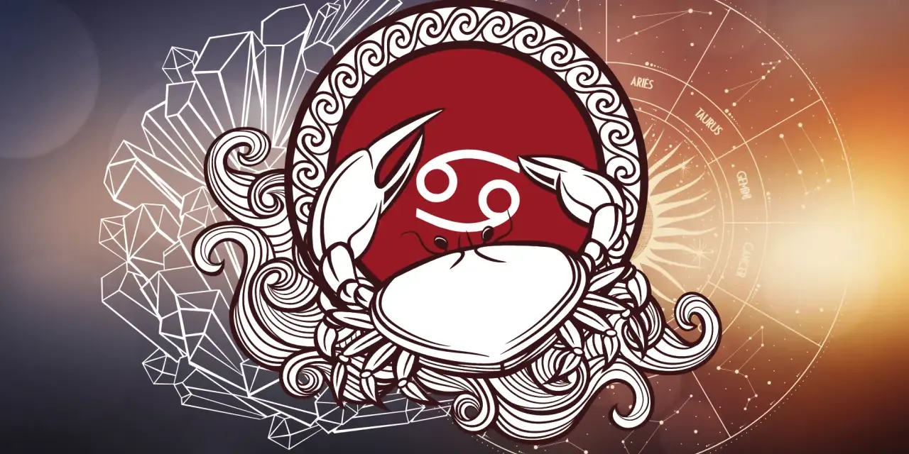 Symbol Raka, 22.07 znak zodiaku, otoczony kryształami i kołem zodiaku.