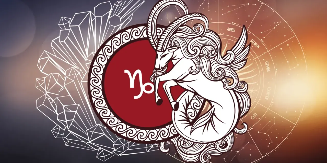 Symbol Koziorożca, 21.01 znak zodiaku, z mitycznym stworzeniem i kryształami.
