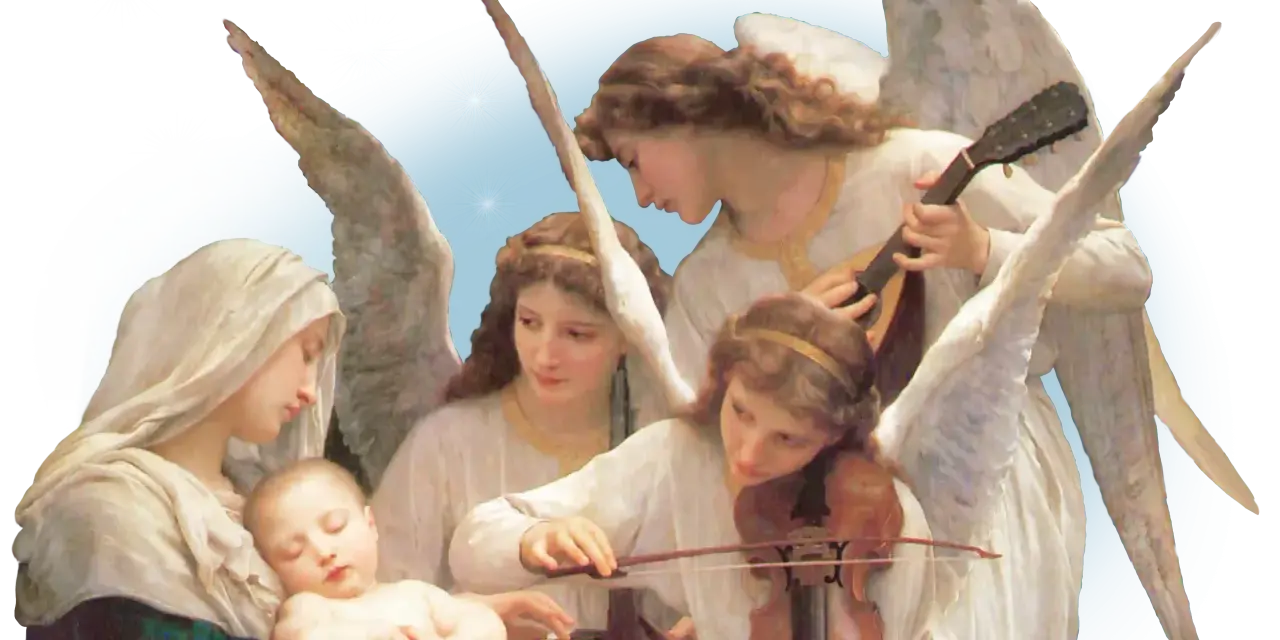 Anioły grające na instrumentach przy śpiącym Dzieciątku i Matce Bożej. Modlitwa do Archanioła Gabriela.