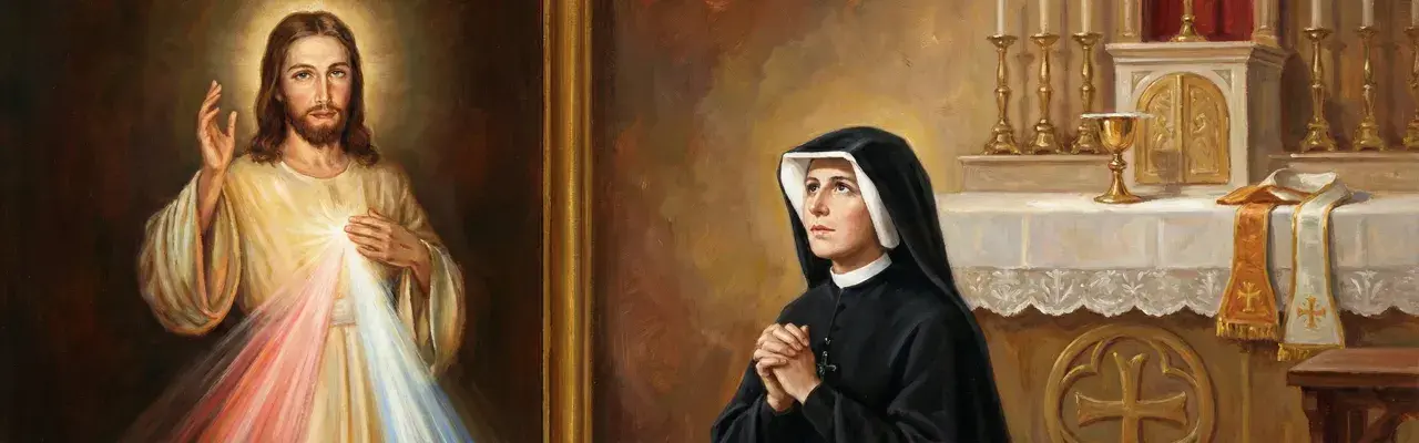 Obraz przedstawia Jezusa Miłosiernego i siostrę Faustynę w modlitwie. Obok ołtarza, gdzie znajdują się kielich i szaty liturgiczne, siostra Faustyna klęczy z rękami złożonymi do modlitwy.