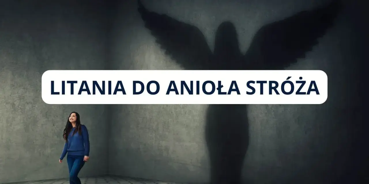 Kobieta patrzy w górę na cień anioła stróża, gdy na ekranie pojawia się napis "Litania do anioła stróża".