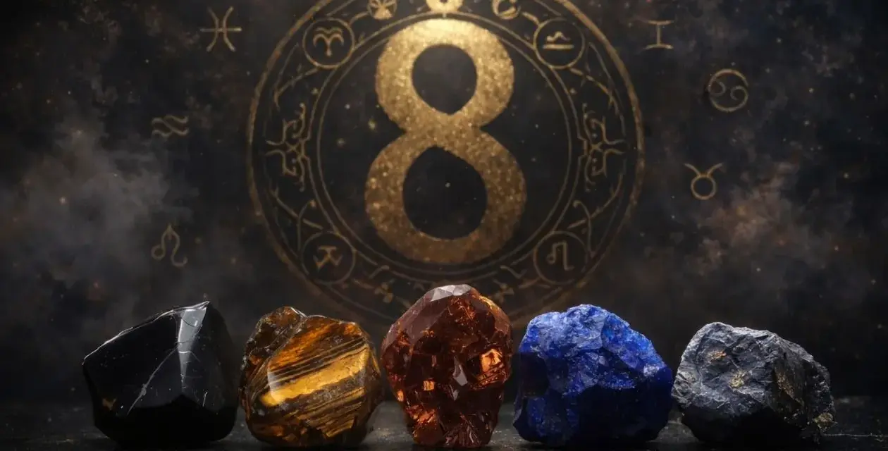 Pięć kamieni szlachetnych przed złotym znakiem nieskończoności i zodiaku. Numerologia 1 i 8.
