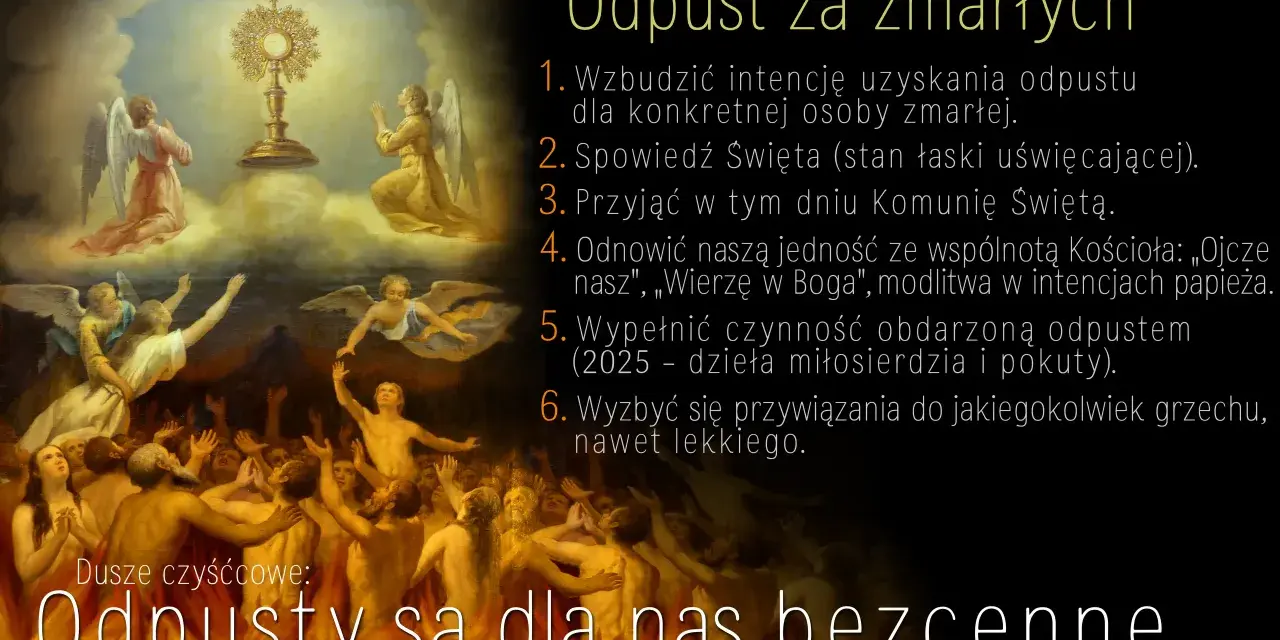 Obraz przedstawia scenę z aniołami i duszami w ogniu, z monstrancją w chmurach. Tekst informuje o 9-dniowej nowennie za dusze w czyśćcu cierpiące.