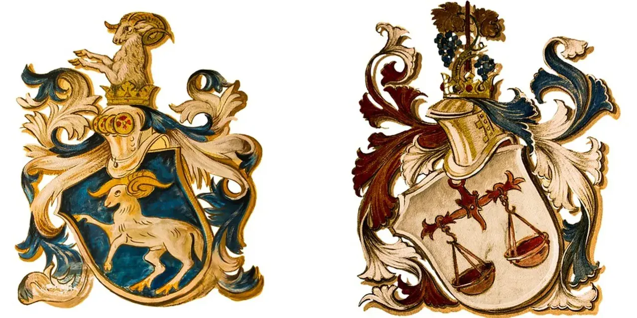 Dwa herby: po lewej baran, po prawej waga. Symbolizują baran i waga związek, harmonię i siłę.