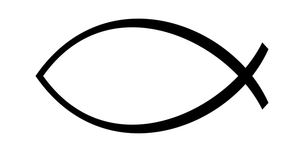 Symbol znaku zodiaku Ryby: dwie zakrzywione linie tworzące kształt ryby, połączone na środku ukośną kreską.