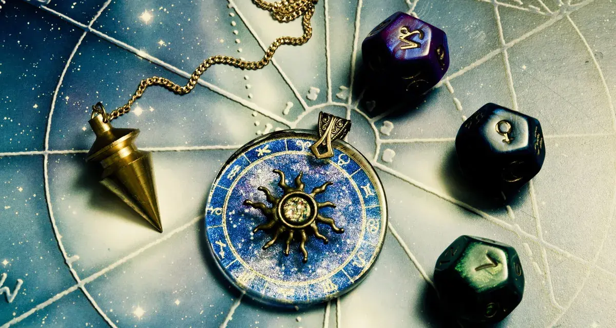 Wahadło i kostki z symbolami planet na tle wykresu astrologicznego. Znaki zodiaku i żywioły w magicznym układzie.