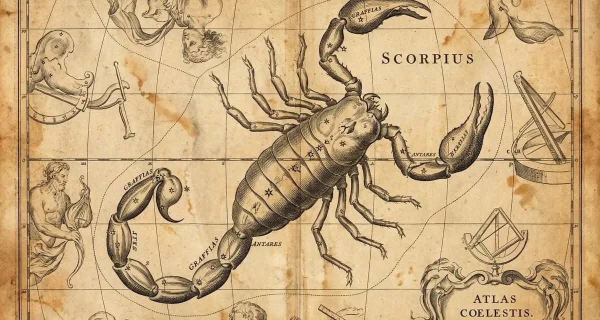 Starożytna mapa nieba. Skorpion, symbol siły, i Wodnik, symbol mądrości, tworzą niezwykłą przyjaźń na tle konstelacji.