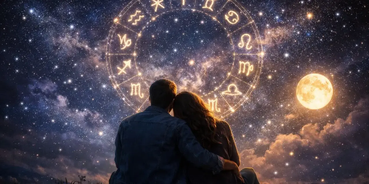 Para zakochanych patrzy na koło zodiaku, gdzie widnieją symbole Raka i Skorpiona. Księżyc i gwiazdy tworzą magiczną atmosferę.