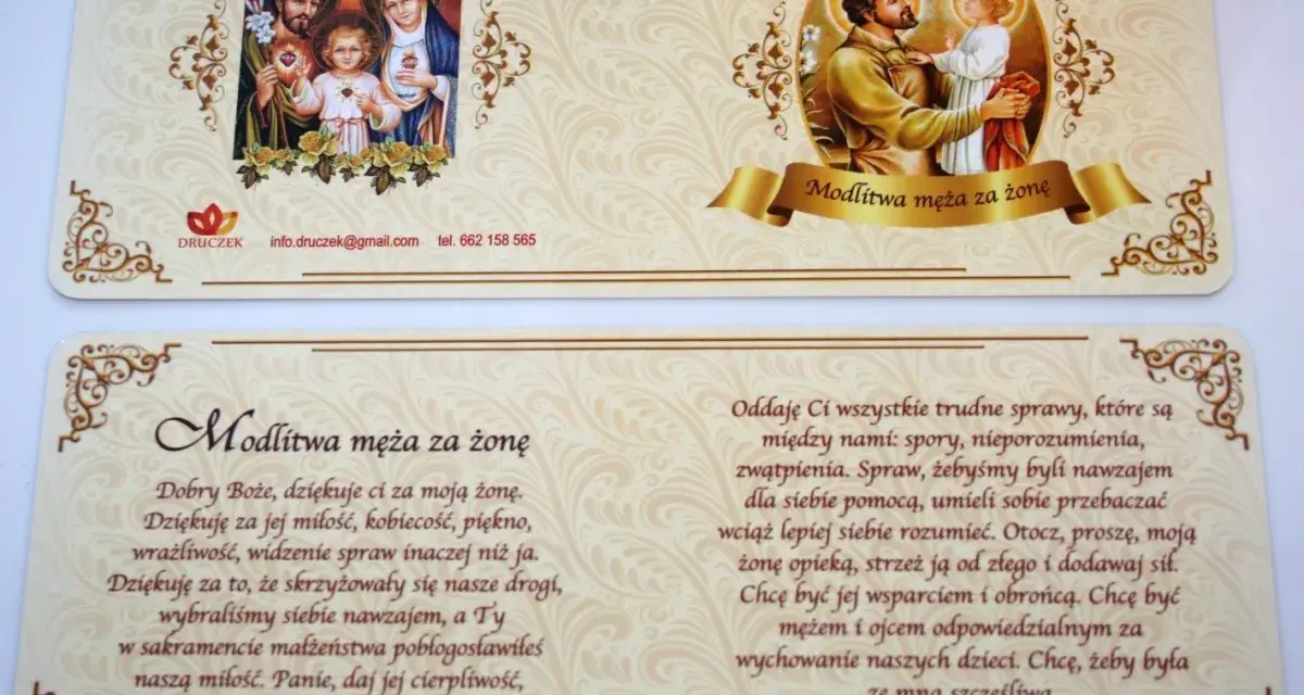 Modlitwa męża za żonę. Obrazek przedstawia Świętą Rodzinę i modlitwę o błogosławieństwo dla małżeństwa.