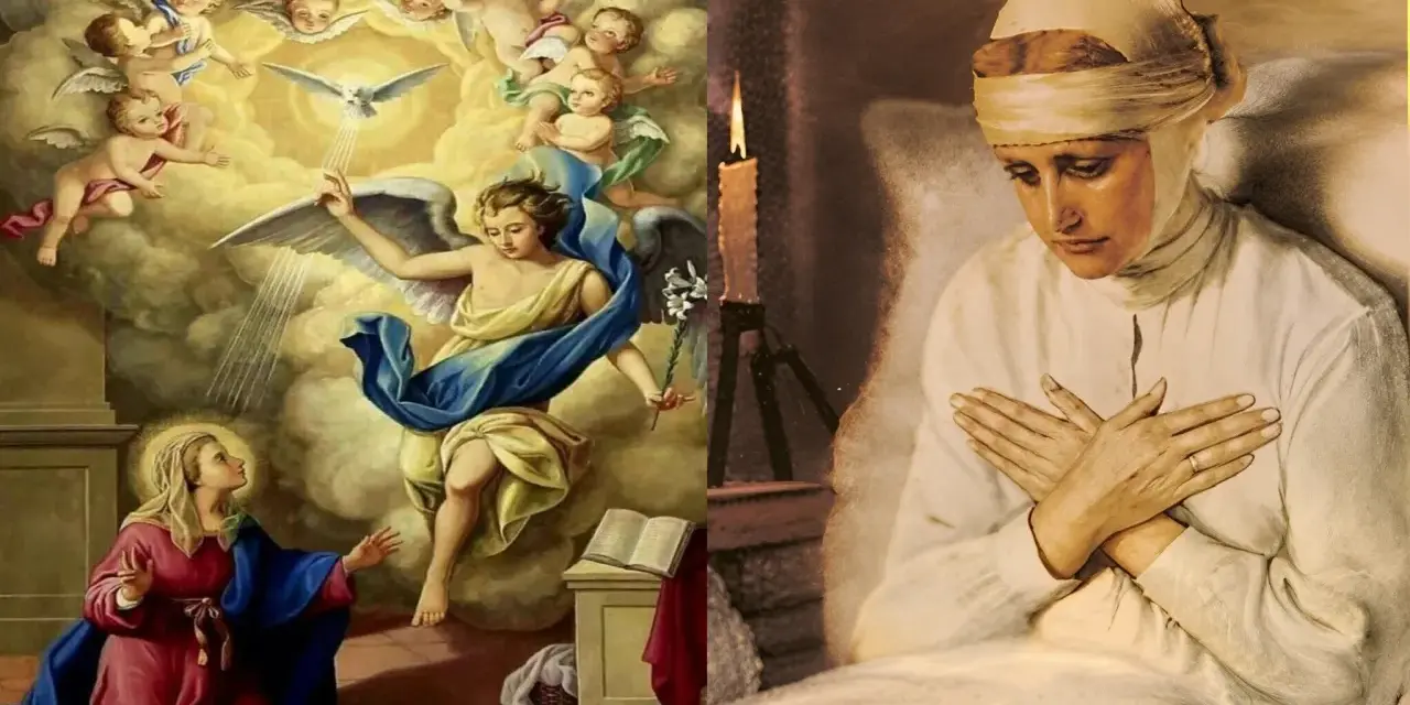 Zwiastowanie Najświętszej Maryi Pannie: Archanioł Gabriel z lilią i gołębicą Ducha Świętego nad klęczącą Maryją. Obok, kobieta w bieli z rękami na piersi, przy świecy.