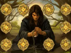 Mężczyzna w czarnej szacie pracuje nad łańcuchem, otoczony przez dziewięć złotych monet z symbolem gwiazdy. To karta tarot 8 monet, symbolizująca mistrzostwo i ciężką pracę.