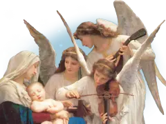 Anioły grające na instrumentach przy śpiącym Dzieciątku i Matce Bożej. Modlitwa do Archanioła Gabriela.