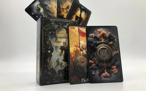 Rycerz monet z talii Prometheu Tarot, obok pudełka i innych kart.