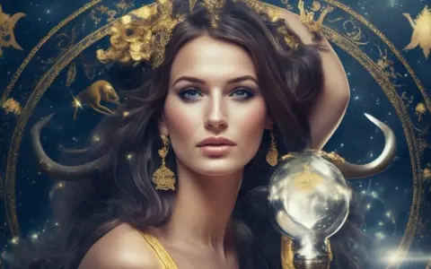 Kobieta z niebieskimi oczami i złotymi ozdobami, otoczona gwiazdami i symbolami zodiaku. To 23.09 znak zodiaku, czyli Panna.