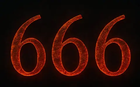Trzy pomarańczowe, świecące cyfry 666 na czarnym tle. Niektórzy widzą w nich liczby anielskie 666, inni symbol zła.