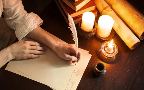 Ręka pisze piórem prośbę do anioła stróża. W blasku świec, wśród starych ksiąg i zwojów, powstaje list.