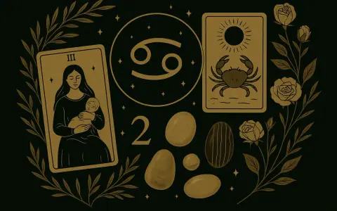 Znak rak od kiedy? Tajemnicza grafika z kartą Tarota, symbolem Raka i różami.