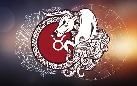 Symbol byka, symbolizujący najgorsze cechy byka, otoczony kryształami i kołem zodiaku.