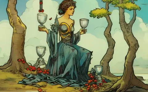 Kobieta w niebieskiej sukni trzyma kielichy, otoczona przez cztery kielichy tarot i czerwone owoce.