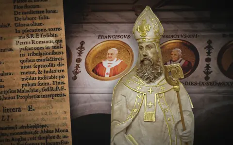 Starożytny tekst, w tym proroctwo Malachiasza, obok posągu papieża i portretów Franciszka, Benedykta XVI i Jana Pawła II.