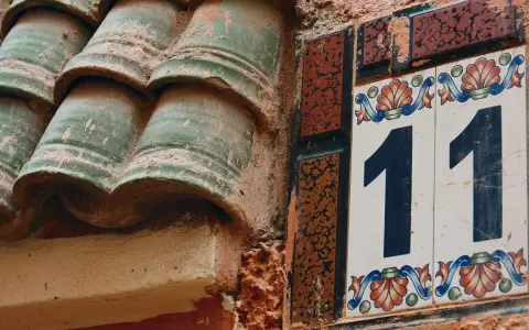 Numerologia partnerska 11 i 11. Dwa numery 11 na ozdobnych kafelkach, obok zielonych dachówek.