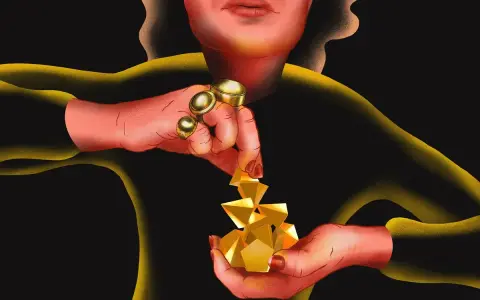 Dłonie z pierścieniami układają złote bryły, przypominające 3 denary tarot.