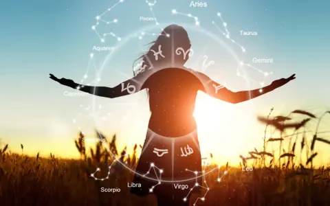 Sylwetka kobiety na tle zachodzącego słońca, otoczona kołem zodiaku. Każdy znak zodiaku, jak 20.06 znak zodiaku, jest widoczny.
