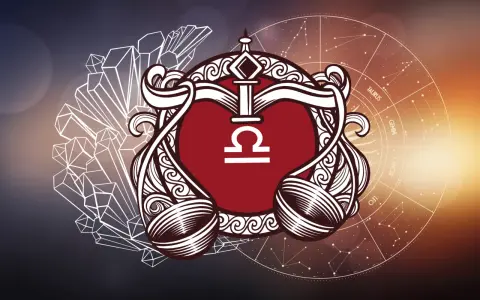 Symbol wagi znak zodiaku w ozdobnej ramie, otoczony kryształami i kołem zodiaku.
