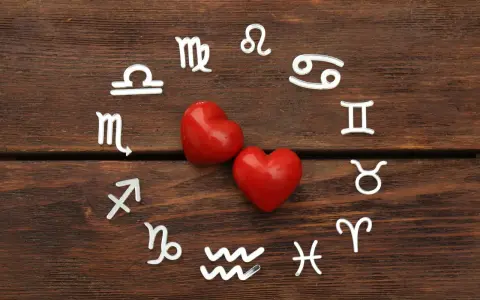 Dwa czerwone serca otoczone symbolami zodiaku, w tym znaki Wagi i Bliźniąt, na drewnianym tle.