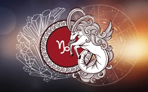 Symbol Koziorożca, 21.01 znak zodiaku, z mitycznym stworzeniem i kryształami.