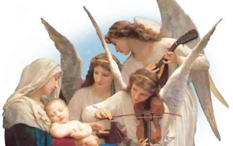 Anioły grające na instrumentach przy śpiącym Dzieciątku i Matce Bożej. Modlitwa do Archanioła Gabriela.