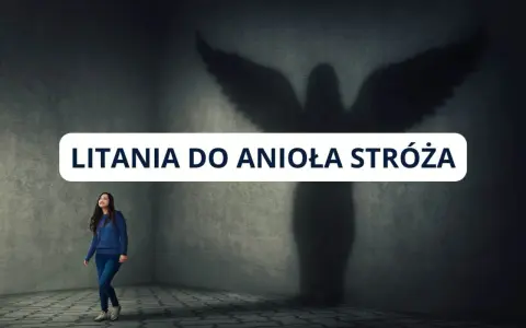 Kobieta patrzy w górę na cień anioła stróża, gdy na ekranie pojawia się napis "Litania do anioła stróża".